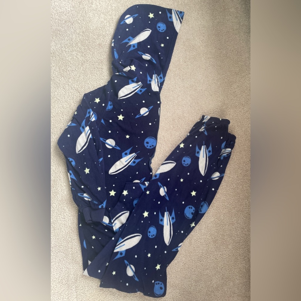 One piece fleece pajamas with front pocket and hood - approx size 16 youth